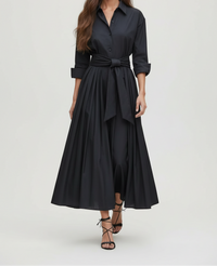 Wanda | Tie Waist Shirt Collar Maxi Dress with Pleated Skirt