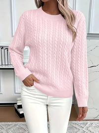 Women's Classic Cable Knit Crewneck Sweater with Long Sleeves and Ribbed Trim