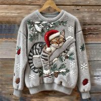 Women's Crewneck Cat Print Christmas Sweater