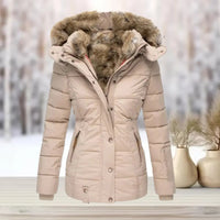 Women's Fitted Puffer Jacket with Faux Fur Hood