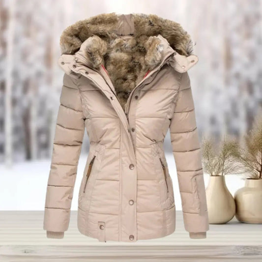 Women's Fitted Puffer Jacket with Faux Fur Hood