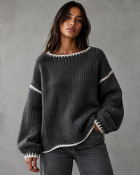 Women's Oversized Chunky Knit Sweater with Contrast Stitch Trim