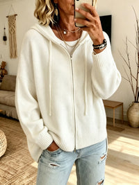 Women's Oversized Knit Zip Up Cardigan with Hood and Drawstring