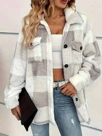 Women's Oversized Plaid Fleece Shacket with Button Front and Flap Pockets