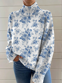 Women's Relaxed Floral Mock Neck Knit Sweater with Ribbed Cuffs