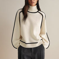 Women's Relaxed Turtleneck Knit Sweater with Contrast Trim and Raglan Sleeves