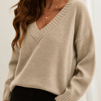 Women's Relaxed V-Neck Knit Sweater with Drop Shoulders and Ribbed Trim