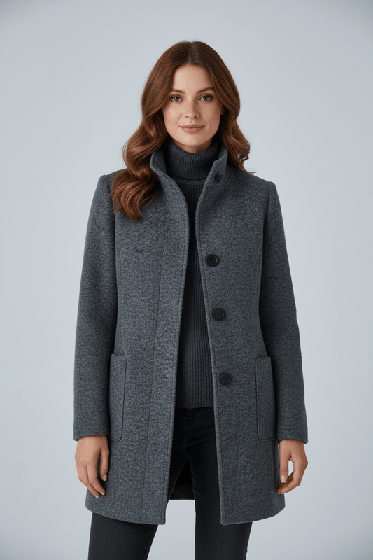 Women's Tailored Wool Coat with Stand Collar